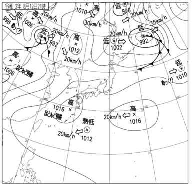 8月12日(水)21時の天気図（日本周辺域）気象庁ホームページから